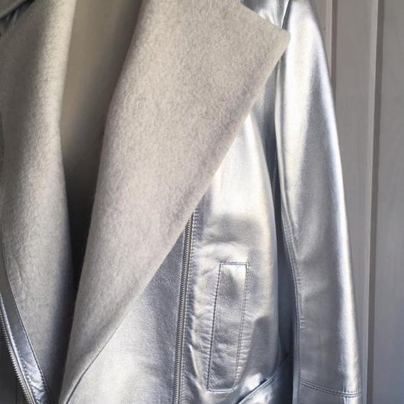 Silver Leather Bomber Jacket MEDIUM - Picture 7 of 8